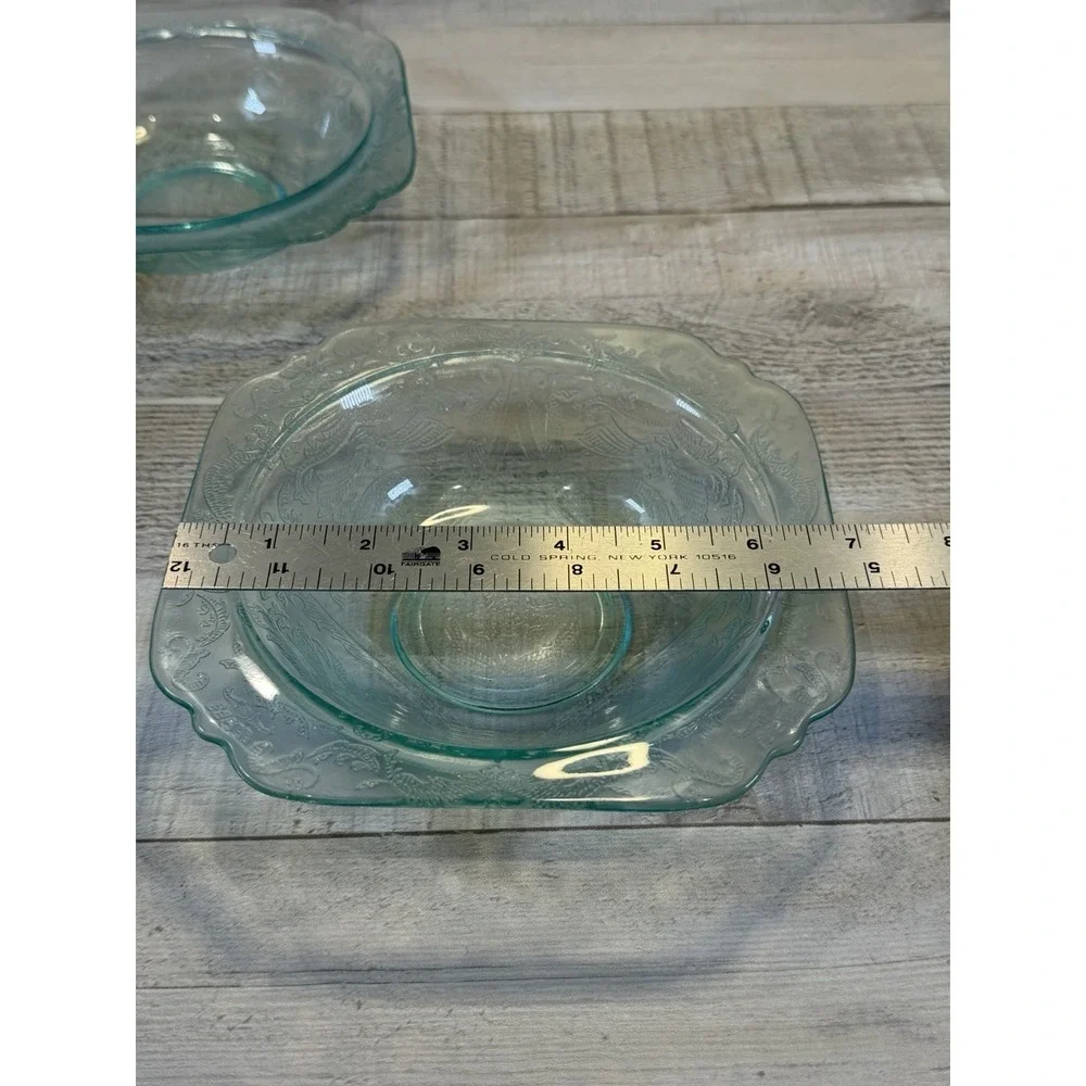 Vintage Aqua Teal Pressed Glass Square Bowl Floral Scroll Pattern Set Of 2 7in